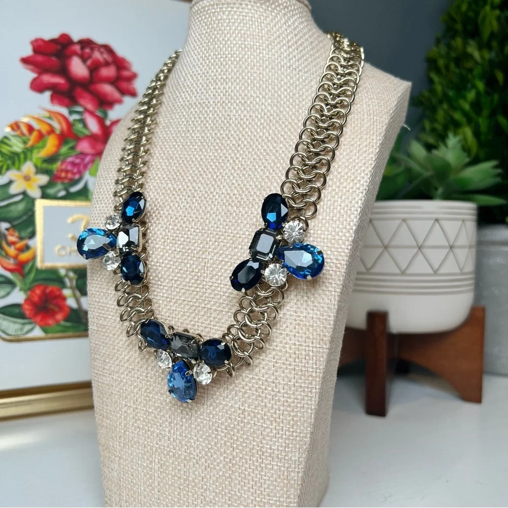 Chicos Elegant Statement Necklace Blue Rhinestones Gold Chain Chic Glam 18” + 4”